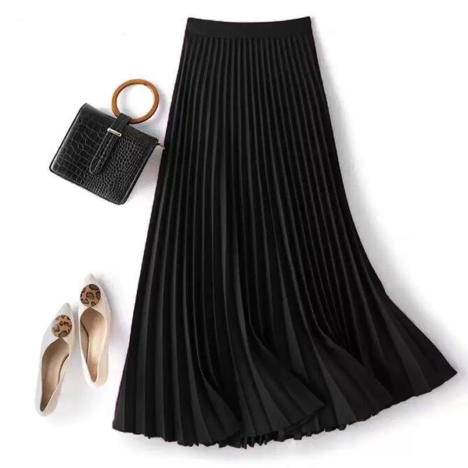 Elegant Solid Satin Pleated Midi Skirt – Plus Size Versatile Style