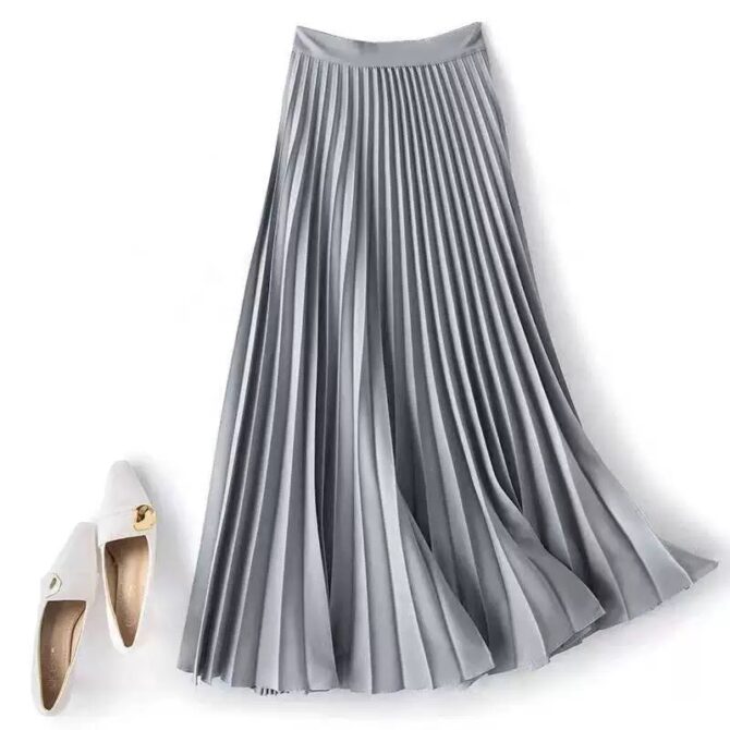 Elegant Solid Satin Pleated Midi Skirt – Plus Size Versatile Style - 图片 3