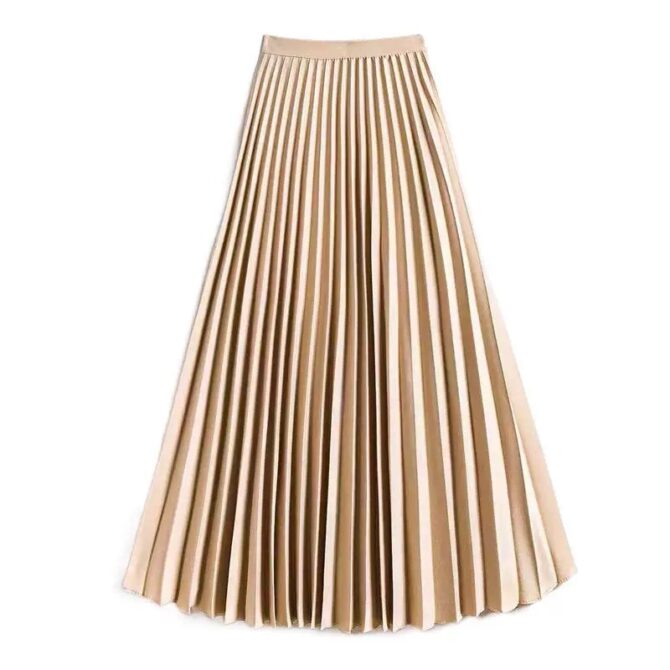Elegant Solid Satin Pleated Midi Skirt – Plus Size Versatile Style - 图片 5