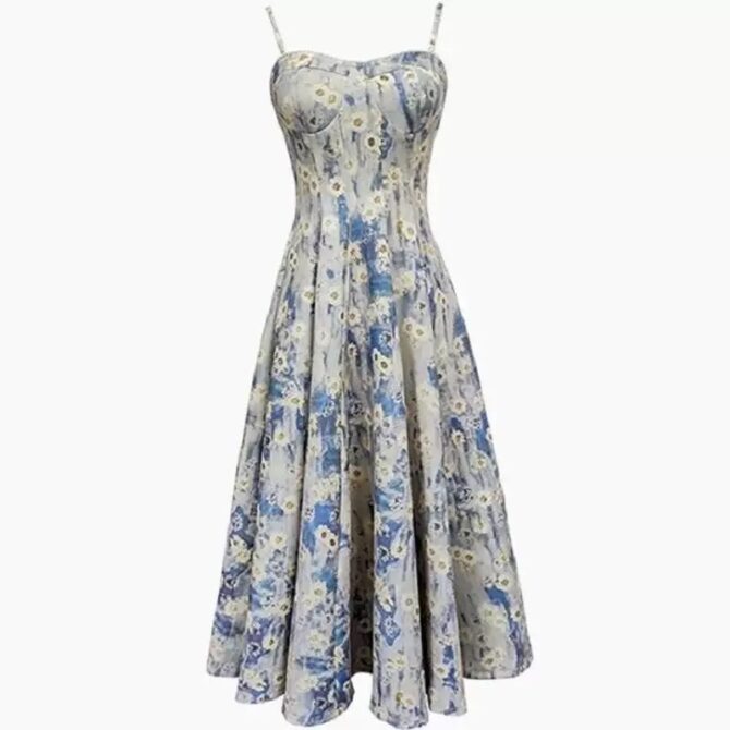 French Blue Floral Midi Dress – Summer Oil Painting-Inspired Tea Dress - 图片 4
