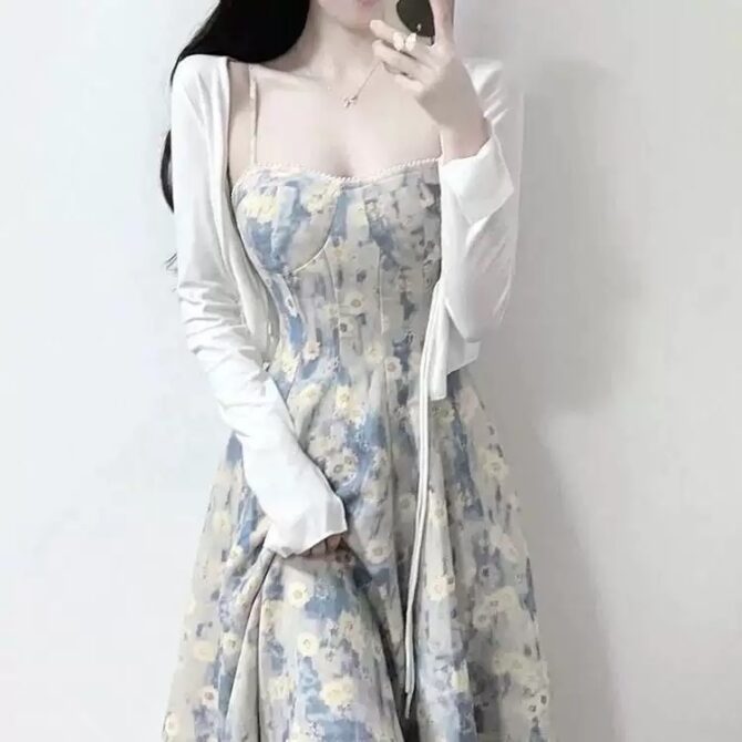French Blue Floral Midi Dress – Summer Oil Painting-Inspired Tea Dress