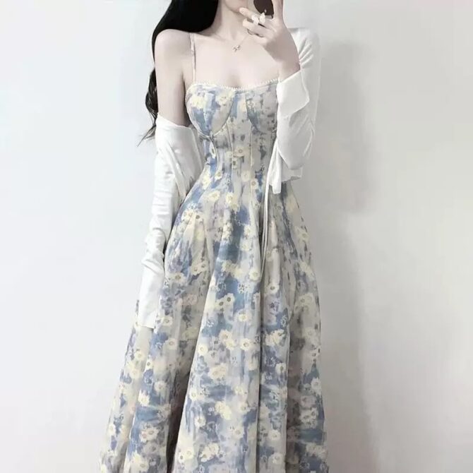 French Blue Floral Midi Dress – Summer Oil Painting-Inspired Tea Dress - 图片 3