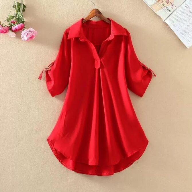 Summer Loose Fit Chiffon Blouse – Mid-Length Short Sleeve Waist-Cinching Top for Women - 图片 3