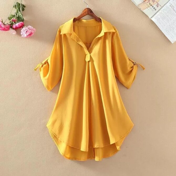 Summer Loose Fit Chiffon Blouse – Mid-Length Short Sleeve Waist-Cinching Top for Women - 图片 4