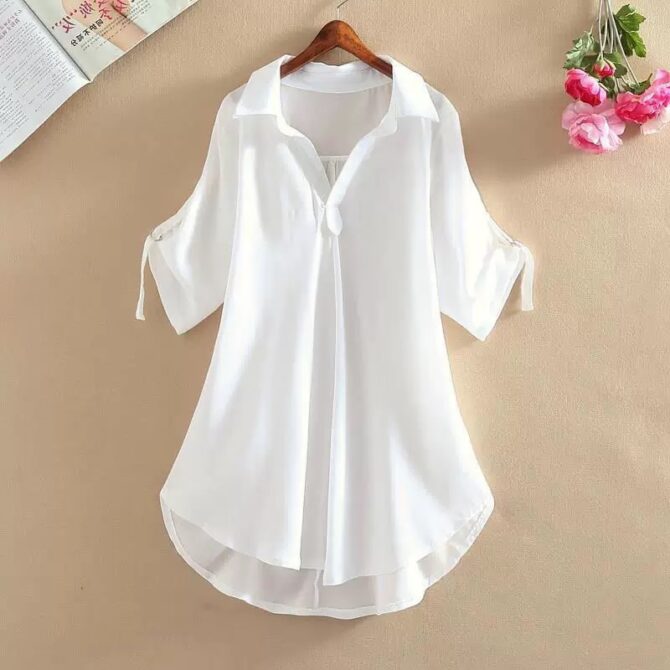 Summer Loose Fit Chiffon Blouse – Mid-Length Short Sleeve Waist-Cinching Top for Women - 图片 5