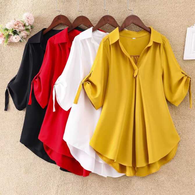 Summer Loose Fit Chiffon Blouse – Mid-Length Short Sleeve Waist-Cinching Top for Women
