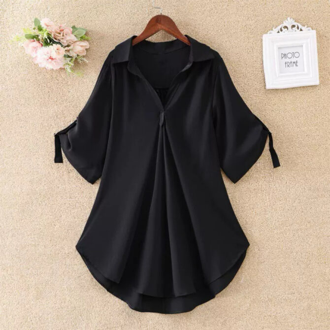 Summer Loose Fit Chiffon Blouse – Mid-Length Short Sleeve Waist-Cinching Top for Women - 图片 7