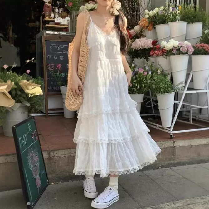 Sweet and Youthful French Style Sleeveless Dress – Spring Vacation Boho A-Line Cake Long Dress for Petite Women