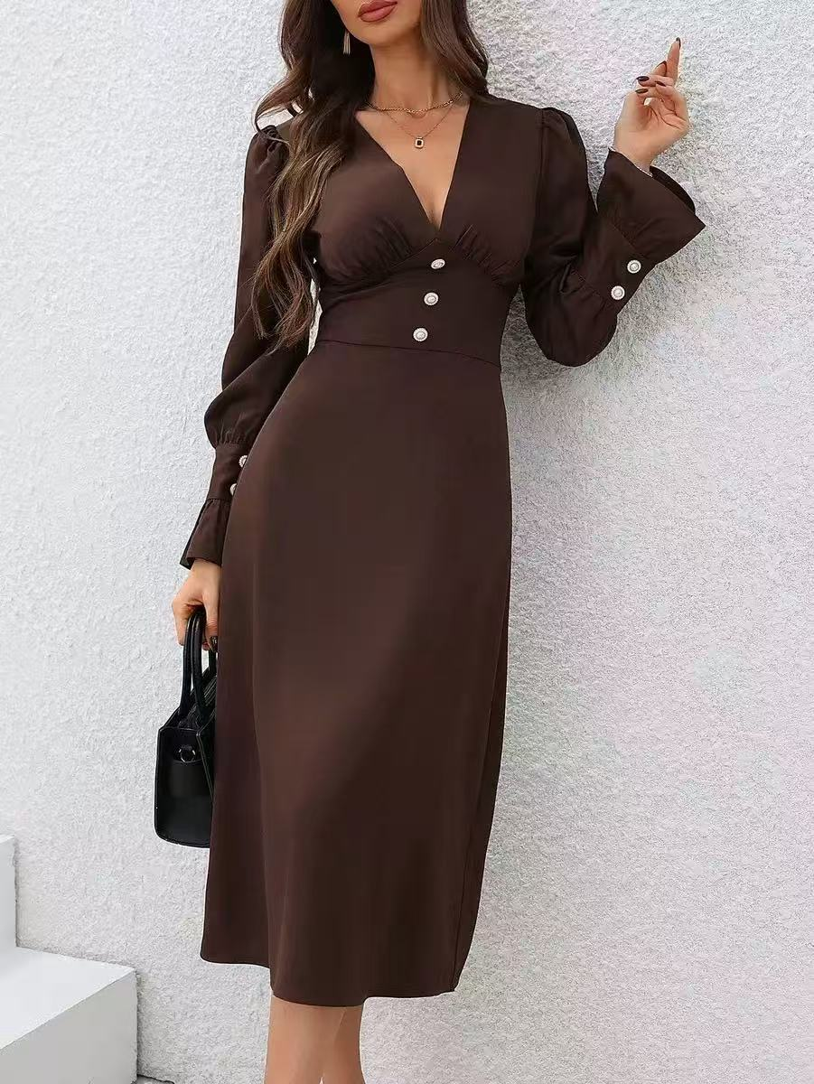 V-neck waisted long-sleeved dress