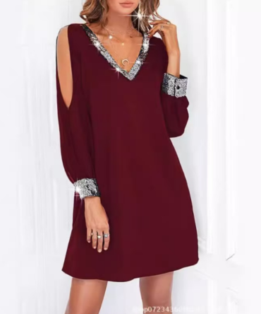 Sequin stitching open-arm dress
