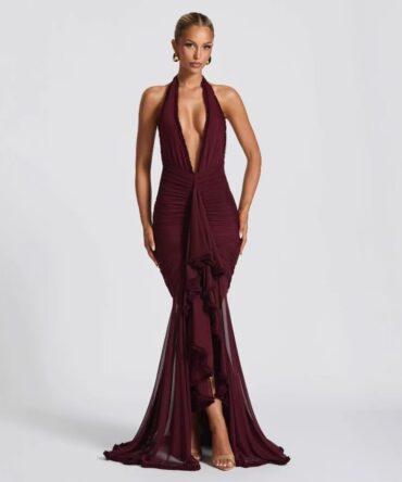 Hanging neck deep V pleated fishtail dress skirt