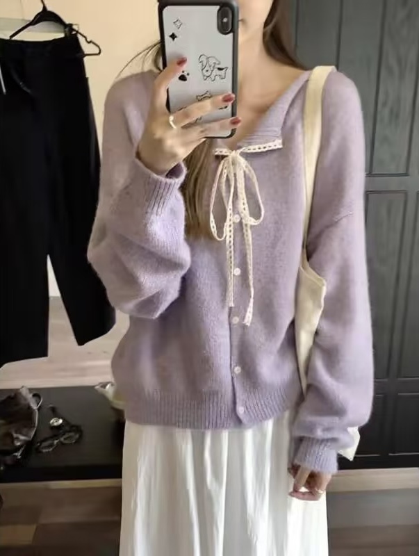 Bow-decorated V-neck knitted cardigan - 图片 3