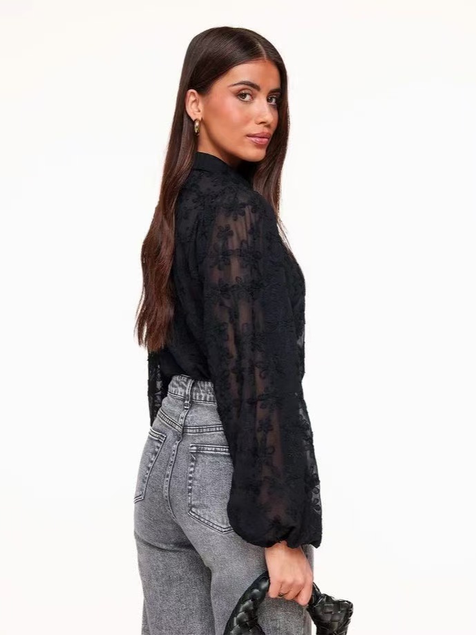 Lace embroidered lantern sleeve shirt - 图片 3