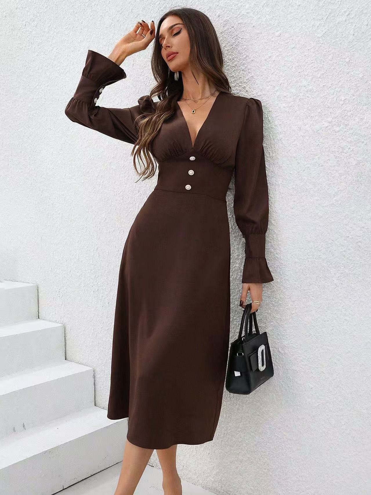 V-neck waisted long-sleeved dress - 图片 3