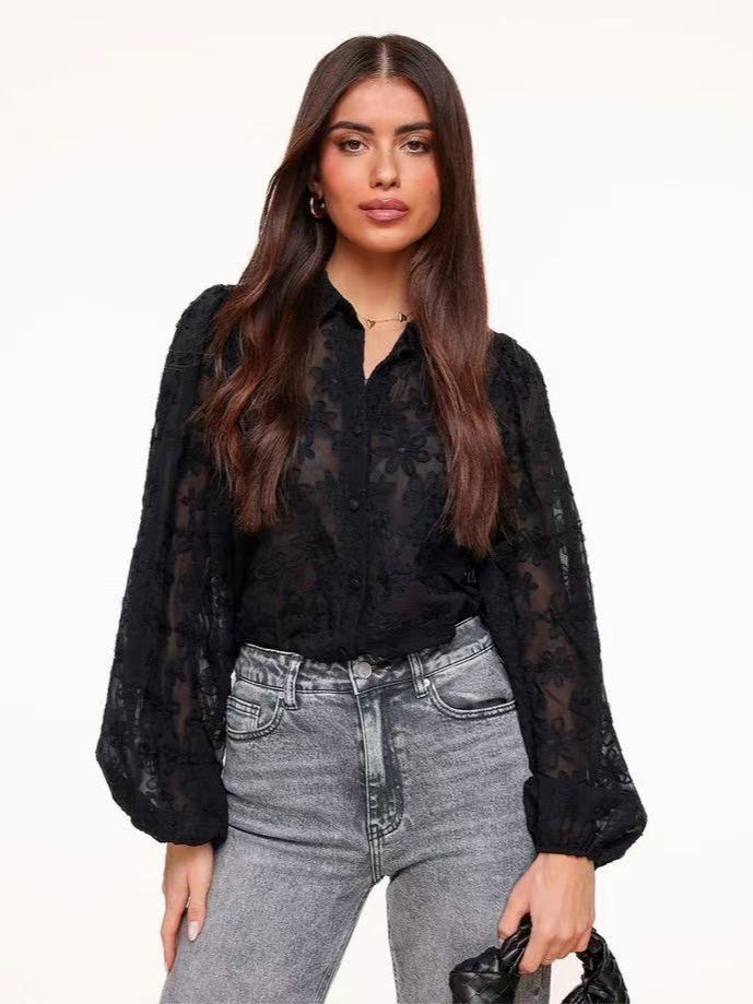 Lace embroidered lantern sleeve shirt - 图片 2