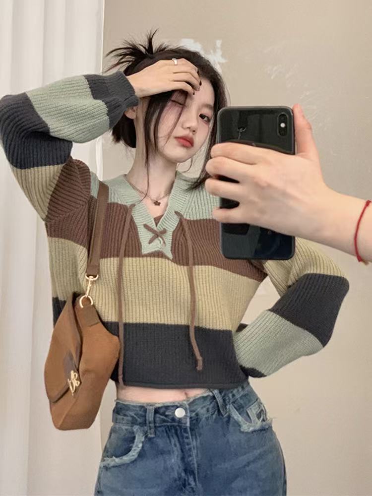 Lace-on V-neck striped knitwear - 图片 4