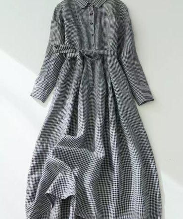 Grid waist-tight shirt dress