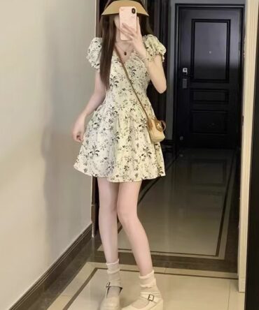 Flower puff sleeve waist dress