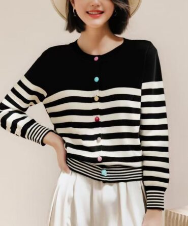 Striped round-neck knitted cardigan