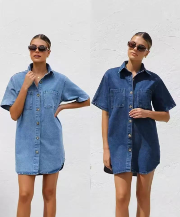 Denim short-sleeved shirt dress