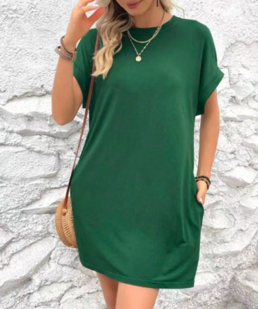 Round-neck loose short-sleeved pocket dress