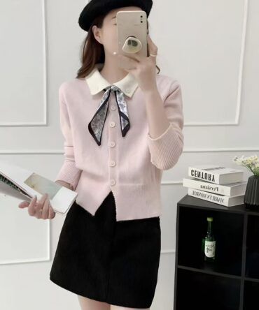 Silk scarf and tie decorated knitted cardigan