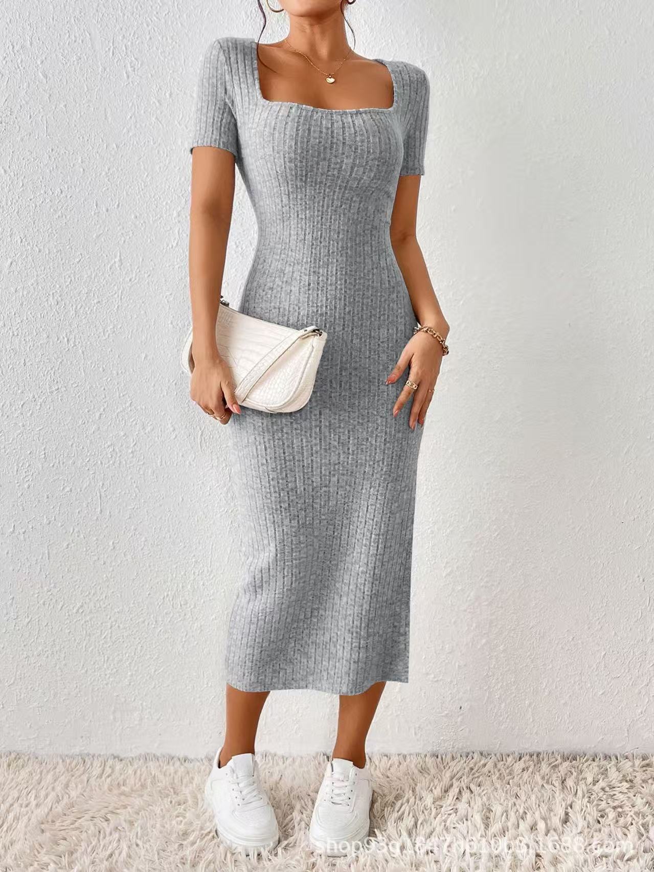 Square-necked short-sleeved knitted dress - 图片 3
