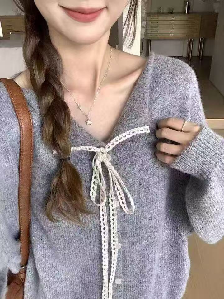 Bow-decorated V-neck knitted cardigan - 图片 5