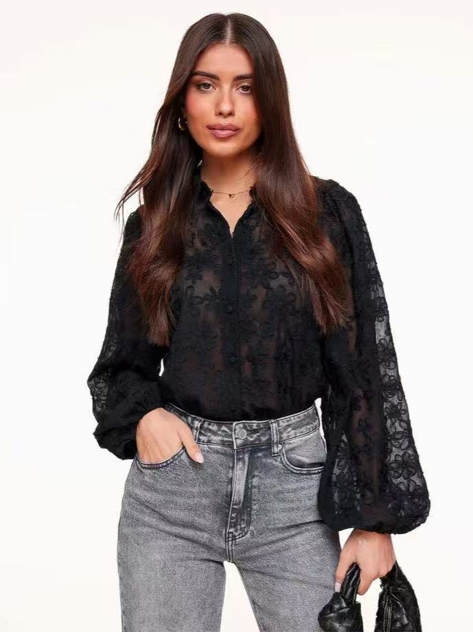Lace embroidered lantern sleeve shirt - 图片 5