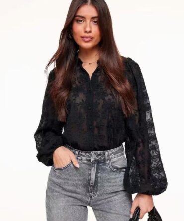 Lace embroidered lantern sleeve shirt