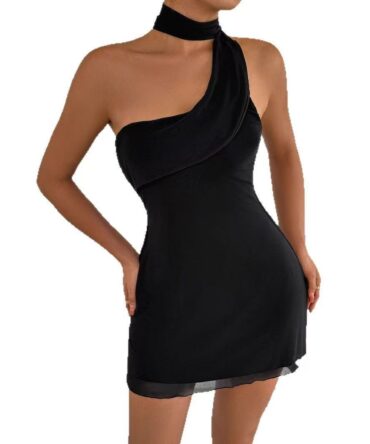 Black one-shoulder ribbon dress skirt