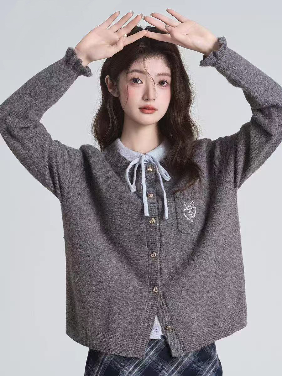 Round-neck embroidered knitted cardigan - 图片 3