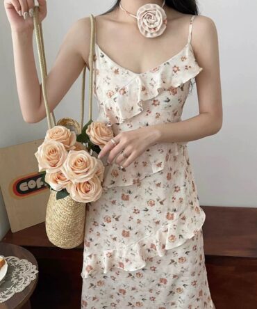 Broken flower ruffle strap dress