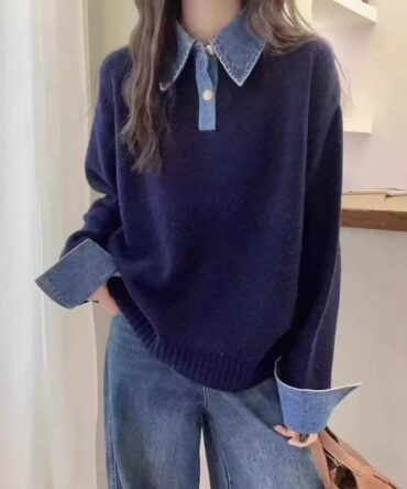 Denim stitched lapel knitwear