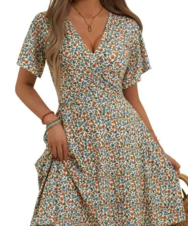 Vintage floral V-neck short-sleeved dress