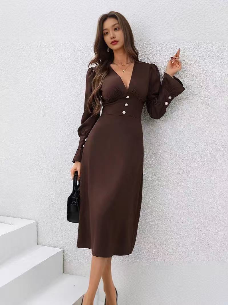 V-neck waisted long-sleeved dress - 图片 2