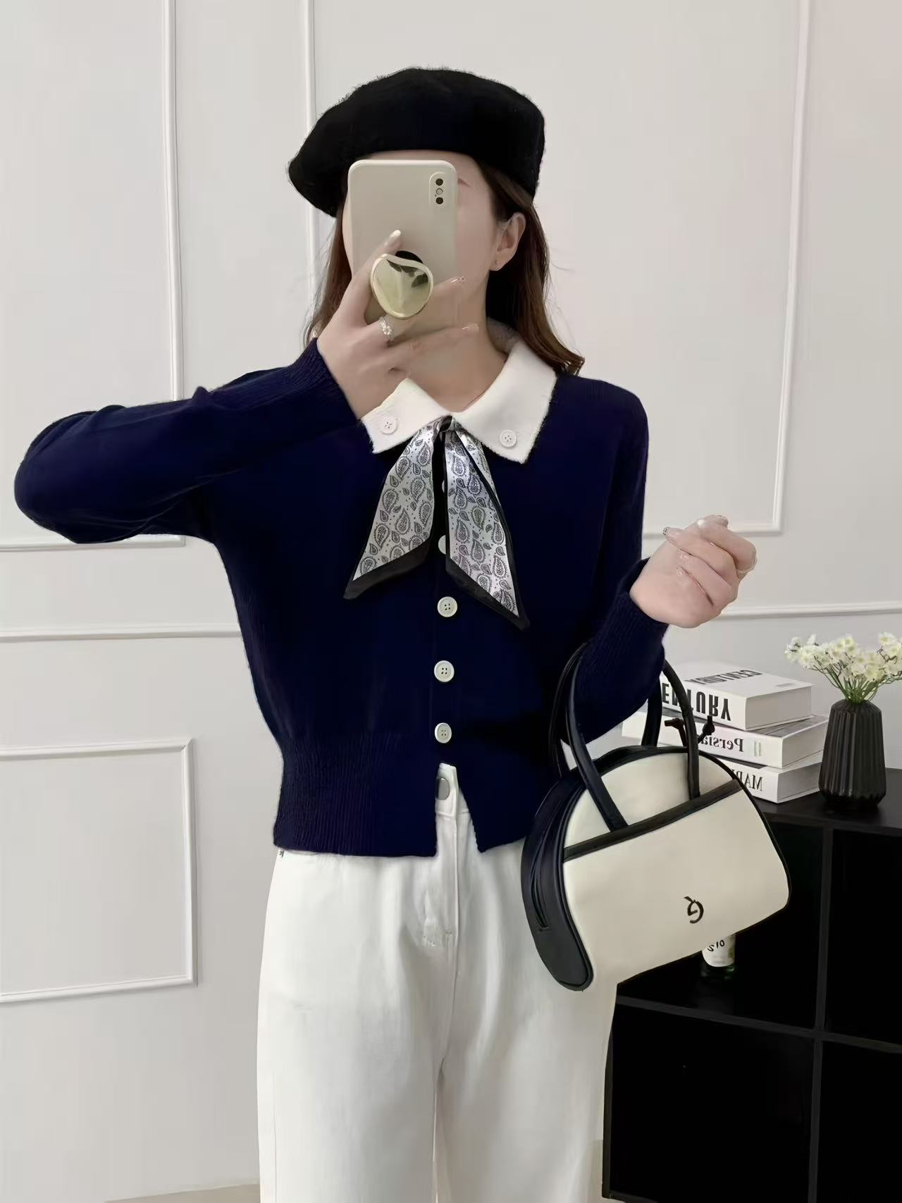 Silk scarf and tie decorated knitted cardigan - 图片 4