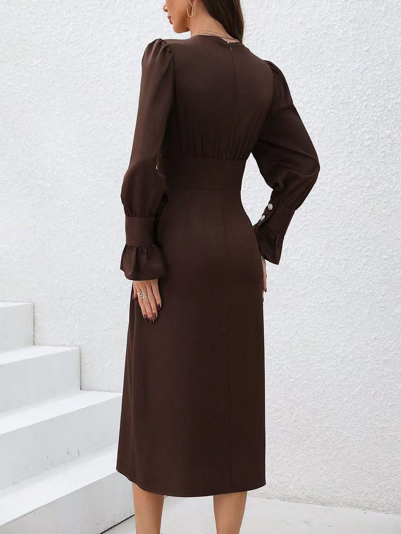 V-neck waisted long-sleeved dress - 图片 5