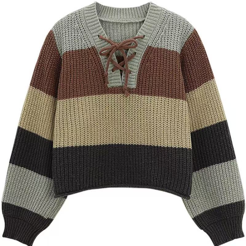 Lace-on V-neck striped knitwear - 图片 6