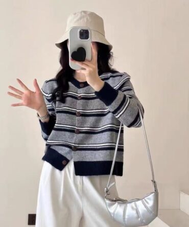 Striped round-neck knitted cardigan