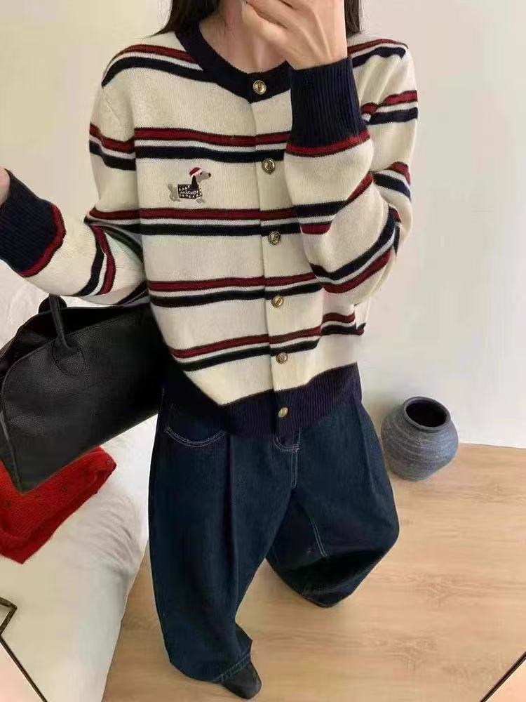 Striped embroidered round-neck knitted cardigan - 图片 4