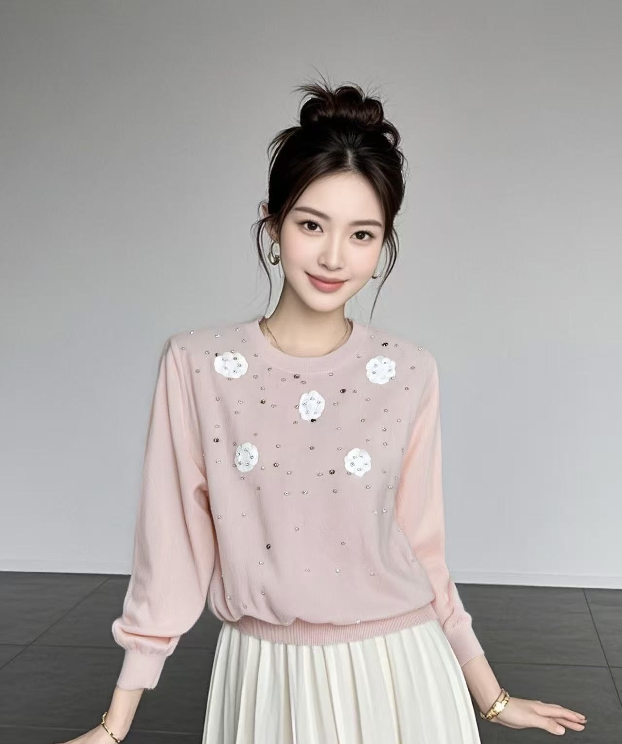 Flower stud beaded decorative knitwear - 图片 2