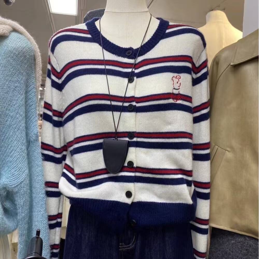 Striped embroidered round-neck knitted cardigan - 图片 6