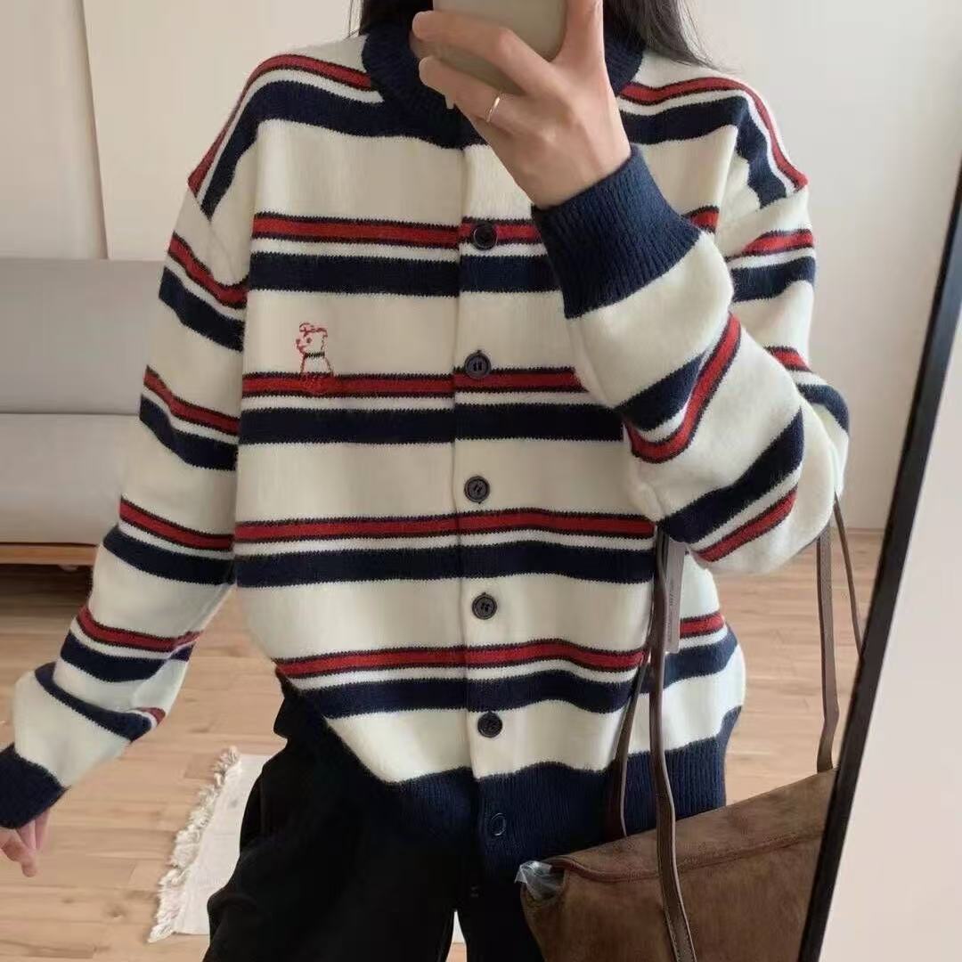 Striped embroidered round-neck knitted cardigan - 图片 2