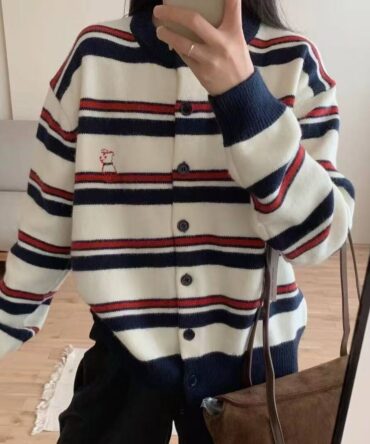 Striped embroidered round-neck knitted cardigan