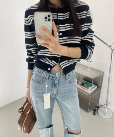 Striped round-neck knitted cardigan