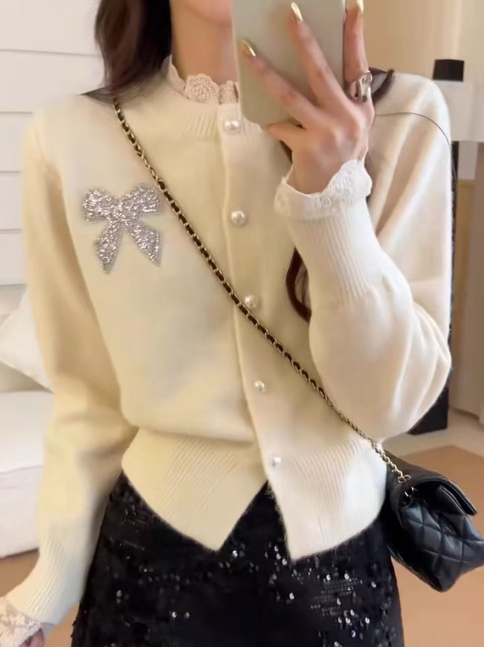 Bow-decorated round-neck knitted cardigan - 图片 5