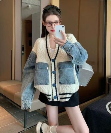 Denim knitted stitched cardigan