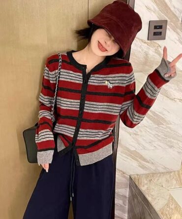 Striped round-neck knitted cardigan