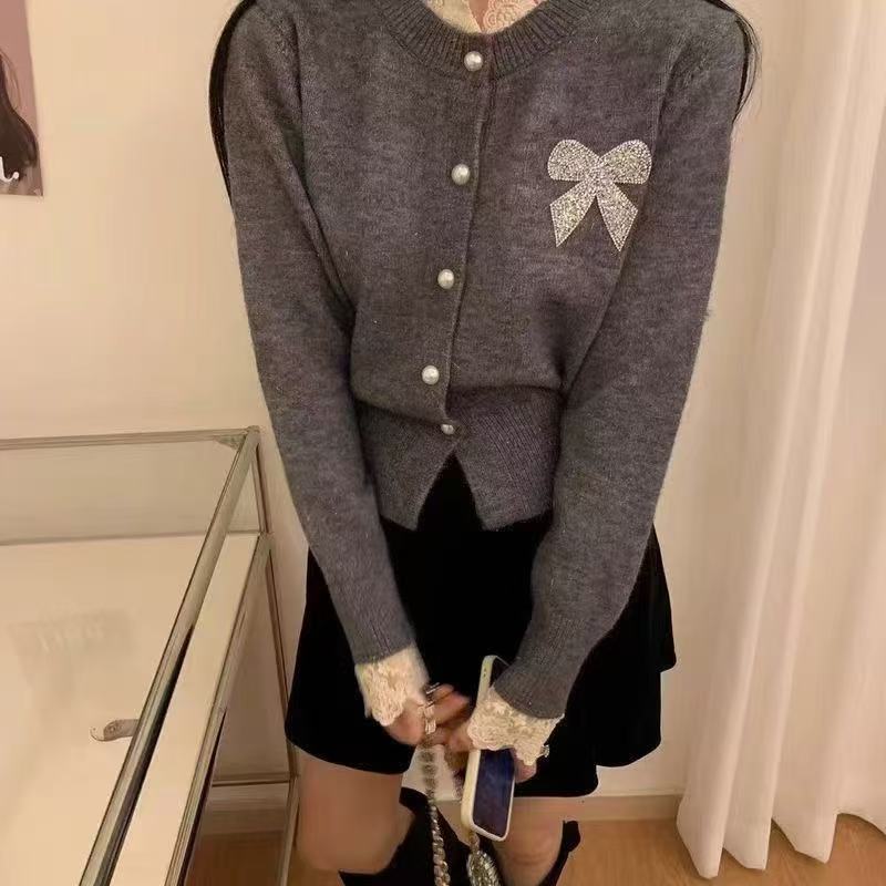 Bow-decorated round-neck knitted cardigan - 图片 3